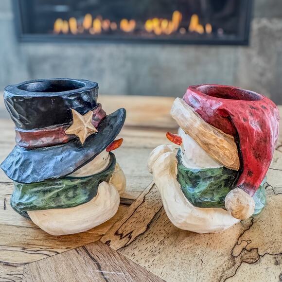 Mr and Mrs Snowman Tealight Candle Holders-Country Christmas-Rustic-3.75”H - Picture 2 of 7